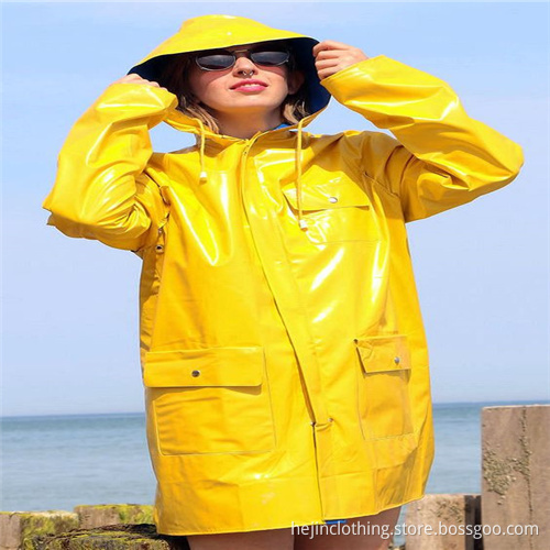 Yellow polyurethane adult rainwear with pocket